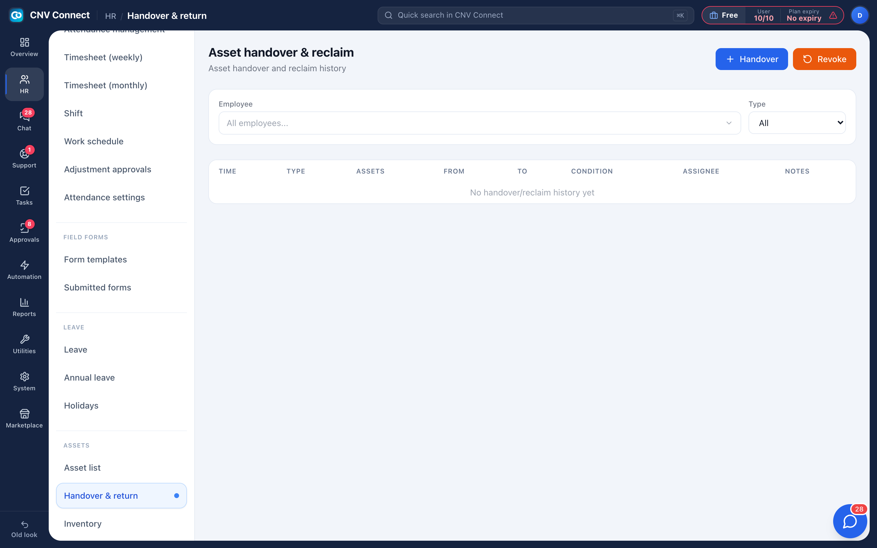 The asset handover and reclaim log with time, type, assets, from, to and condition