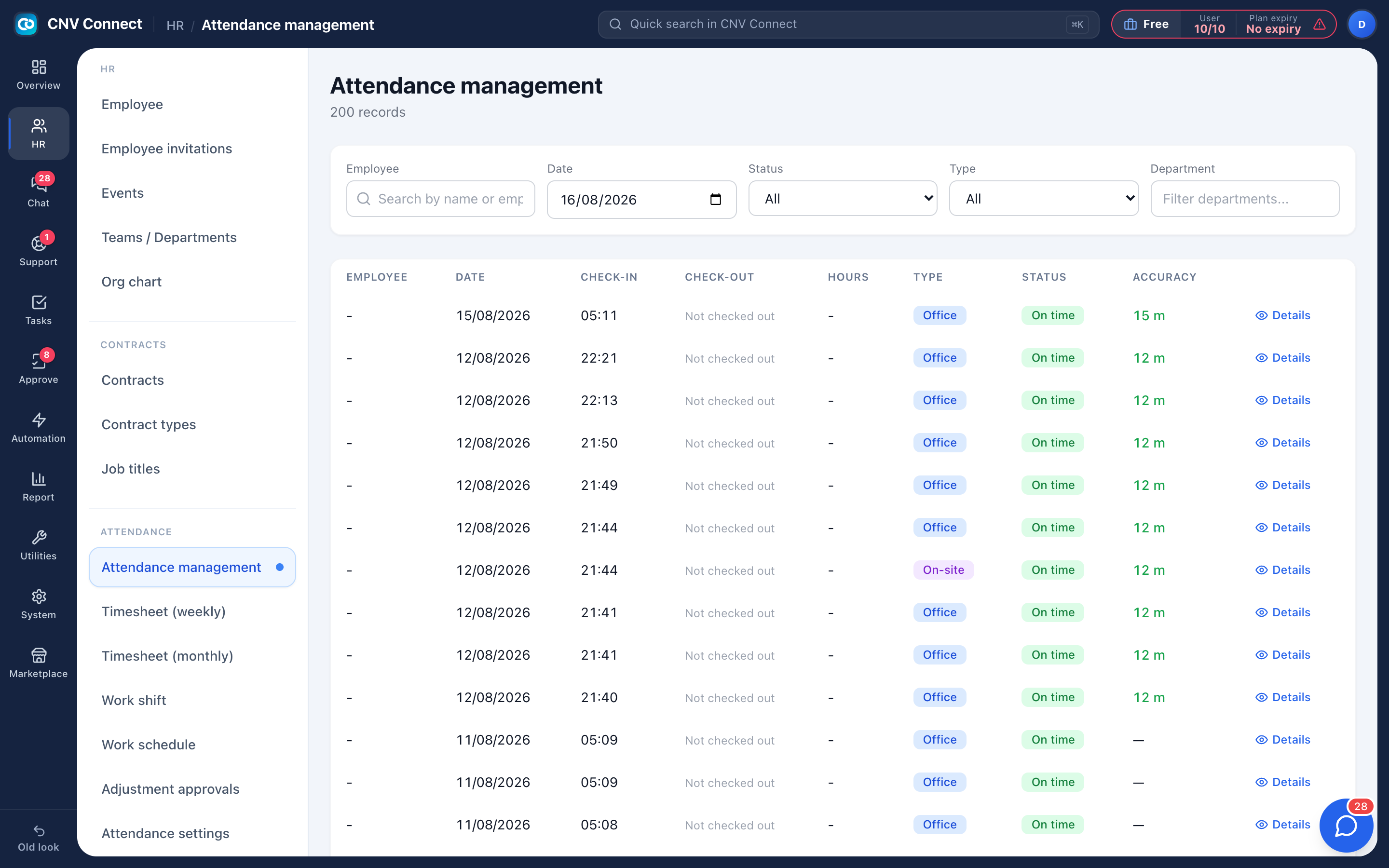 Attendance records with check-in, check-out, hours and GPS accuracy