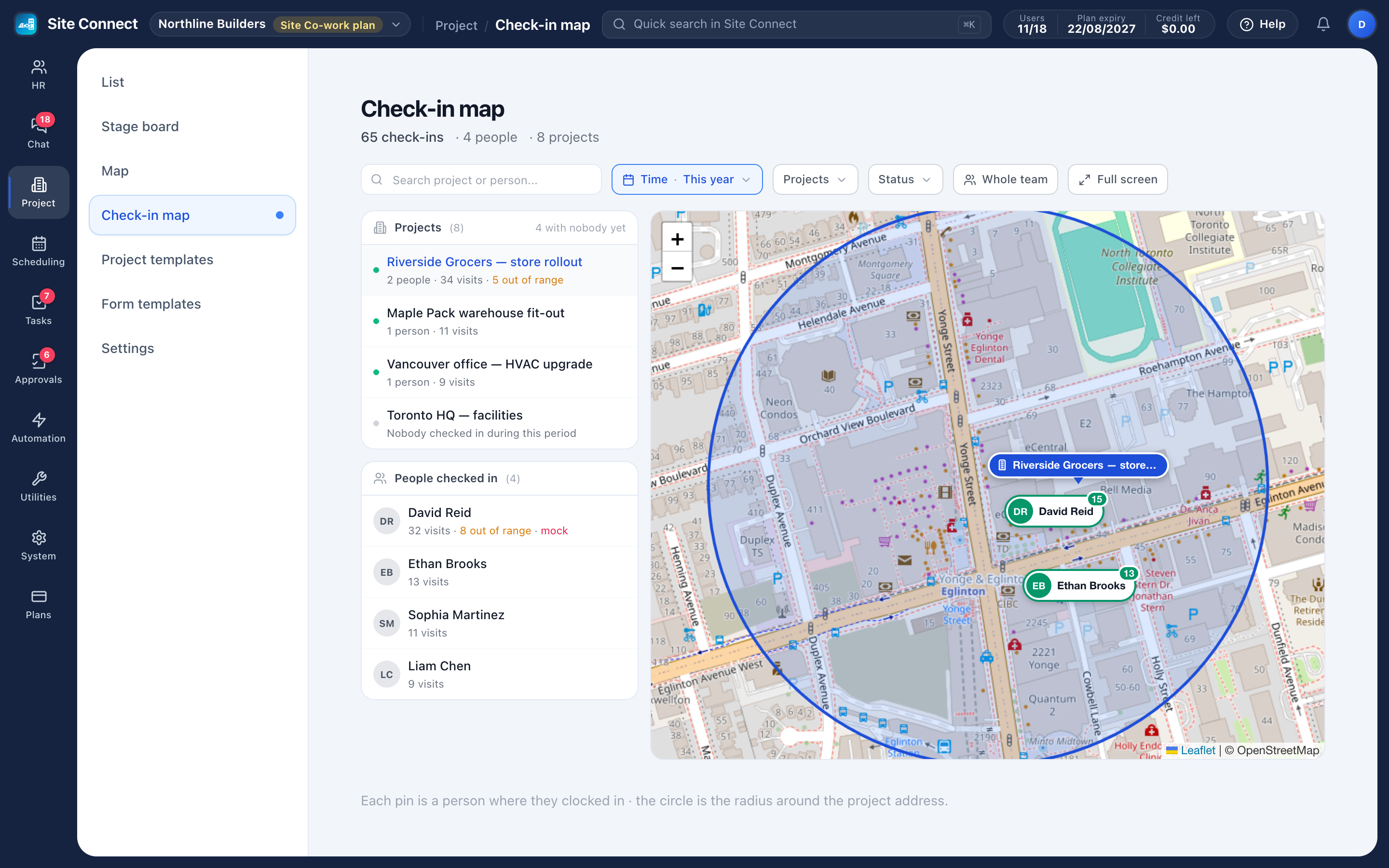 The check-in map: pins for the people who checked in at a project, inside the circle of the allowed radius around the project address