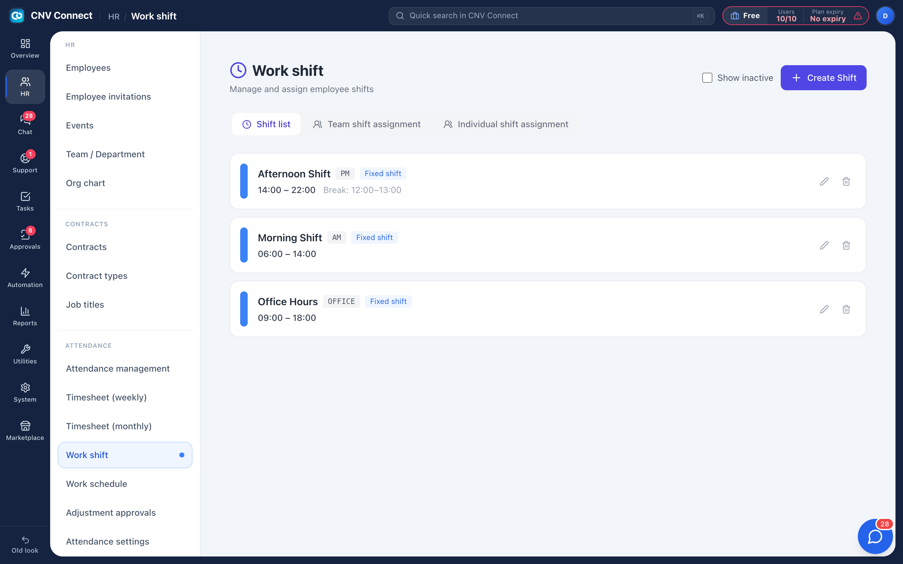 Shift patterns with codes, type, hours and break windows