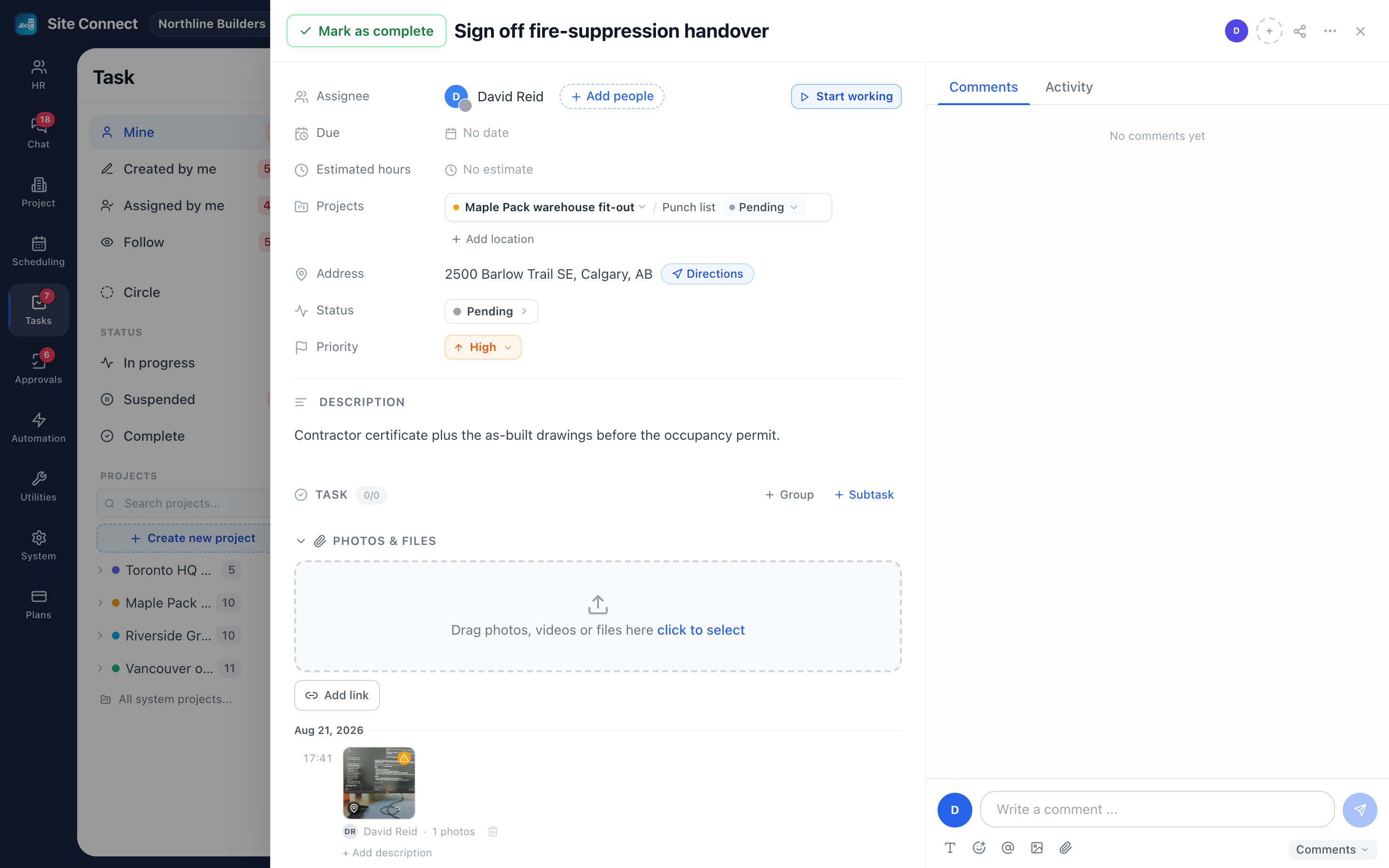 An open task: Mark as complete, the assignee with Start working, the project and task list, the address with Directions, status, priority, description, subtasks, photos and files, and comments