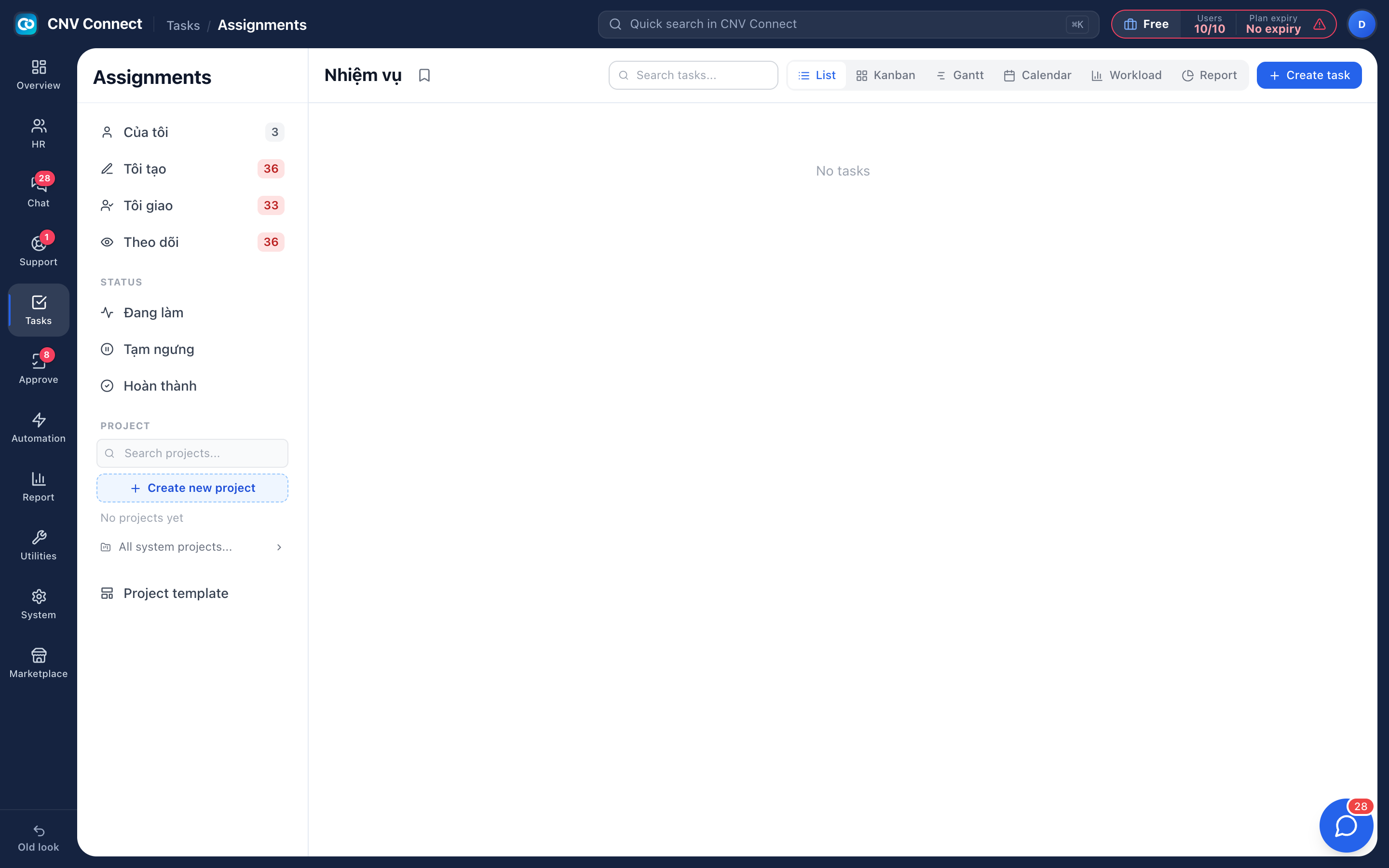 The kanban board view of the same tasks