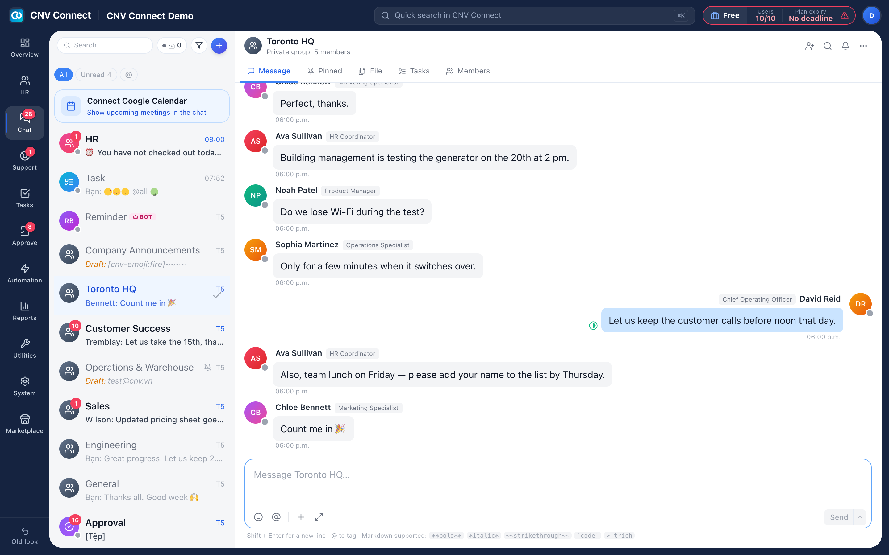 Team chat with a channel open, the conversation list and the message box